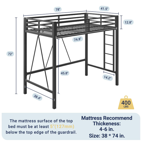 Twin Size Metal Loft Bed with Guardrail & Movable Ladder