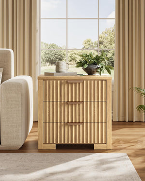 Fluted Nightstand with Charging Station & 3 Drawers – Natural Oak