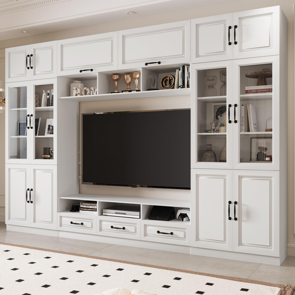 126" Entertainment Center Wall Unit with Glass Doors & Drawers