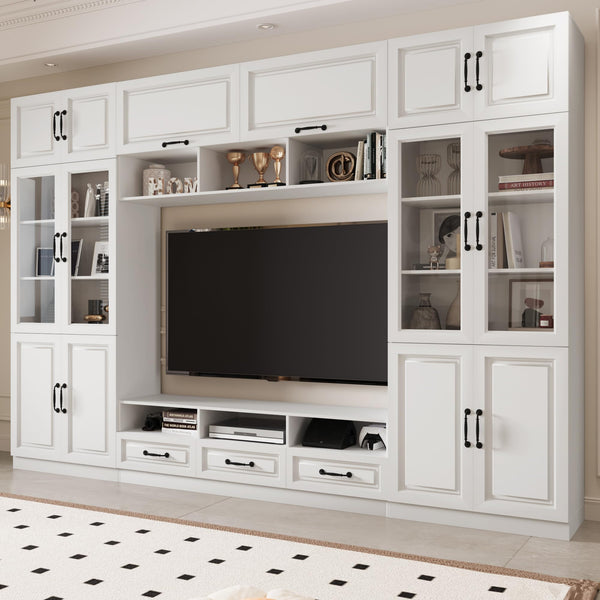 126" Entertainment Center Wall Unit with Glass Doors & Drawers