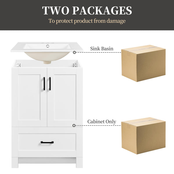 24.5" Freestanding Bathroom Vanity with Ceramic Sink, 2 Doors & Drawer – White