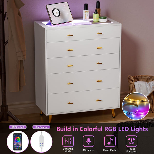 5-Drawer Dresser with LED Lights and Tempered Glass Top