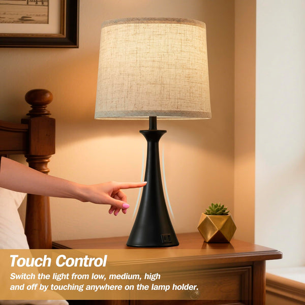 Touch Table Lamps Set of 2 – 21", USB C+A Ports, 3-Way Dimmable