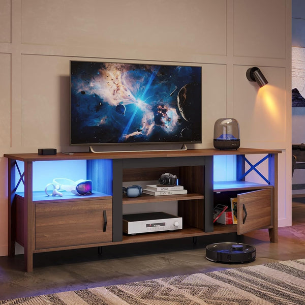 63-Inch Farmhouse TV Stand with LED Lights and Storage Cabinets