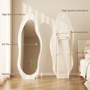 LED Full Length Wavy Floor Mirror with Wood Frame