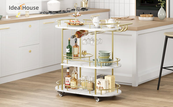 3-Tier Rolling Bar Cart with Rotating Turntable