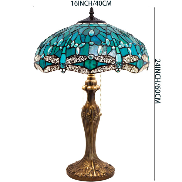 Tiffany Table Lamp Sea Blue Green Dragonfly Stained Glass 16" Shade 24" Height