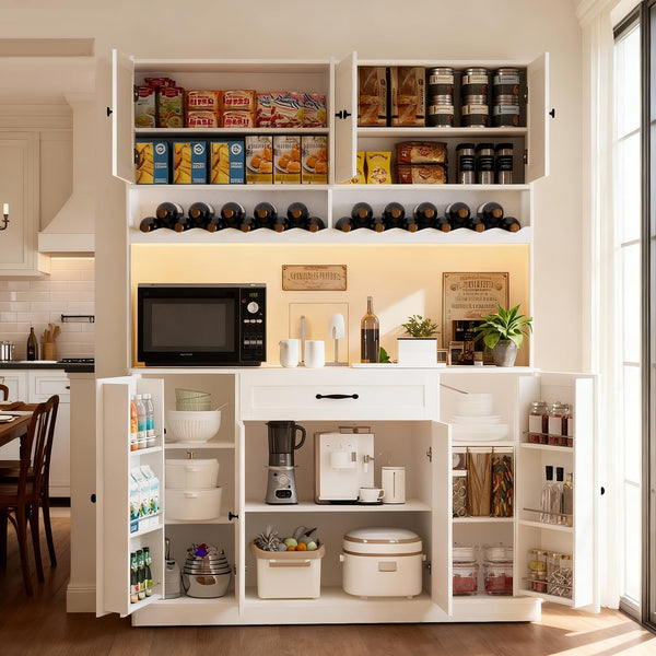 Tall Pantry Storage Cabinet with LED Light & Charging Station