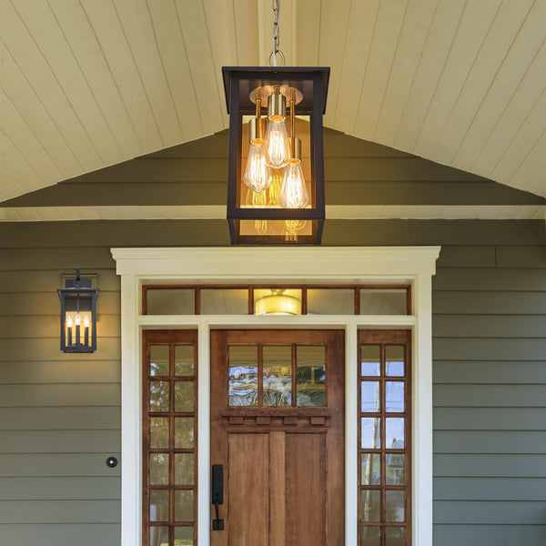 3-Light Outdoor Hanging Lantern Pendant – Farmhouse Black & Gold, Clear Glass