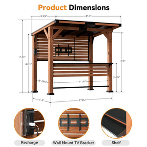 Cedar Wood Outdoor Entertainment Gazebo with Bar, TV Mount & Charging Ports
