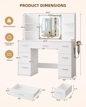 Makeup Vanity Desk with Smart LED Mirror, 7 Drawers & Power Station