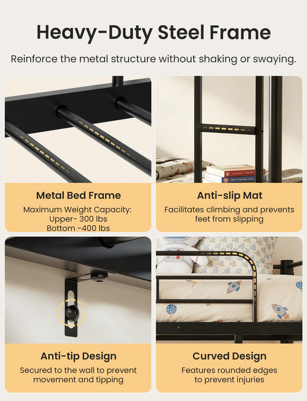 Full Over Full Bunk Bed with Storage Drawers – Separable Heavy Duty Metal Frame
