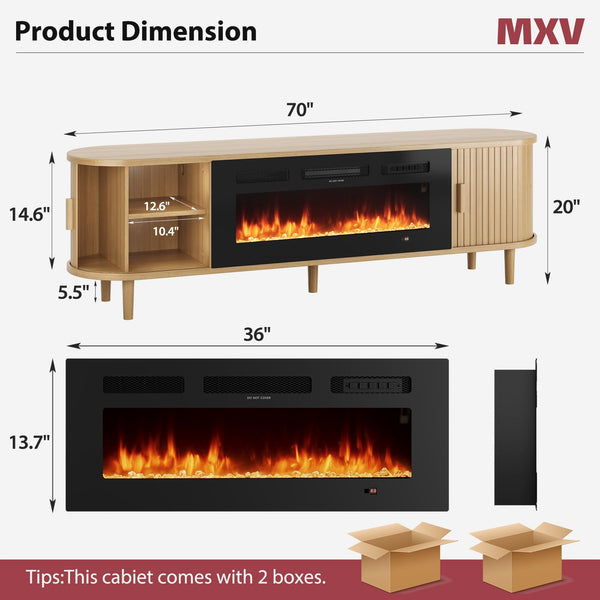 70" Fluted Fireplace TV Stand – Mid Century Modern, Oak & Walnut