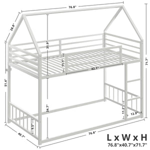 Twin Over Twin House Bunk Bed with Metal Frame, Ladder & Guardrail