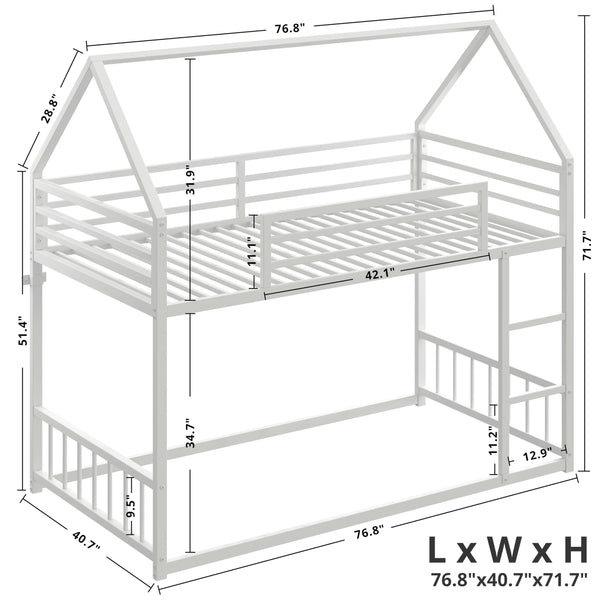 Twin Over Twin House Bunk Bed with Metal Frame, Ladder & Guardrail