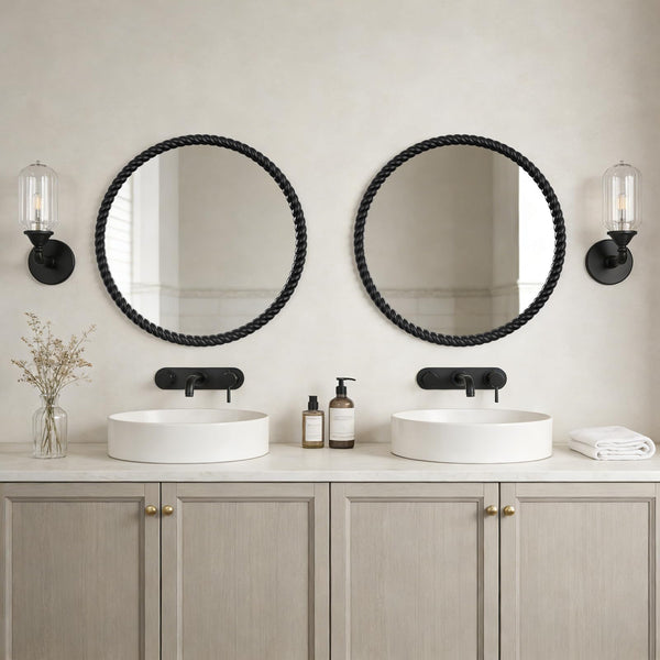 30" Round Wall Mirror with Rope Frame – Black