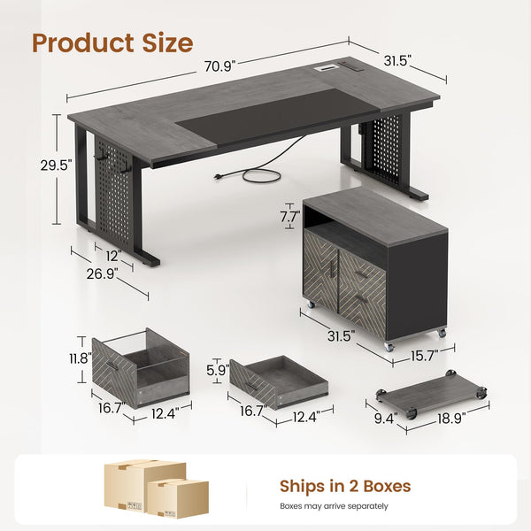 L-Shaped Executive Desk with Rolling File Cabinet & Power Outlets
