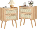 Boho Rattan Nightstand with 2 Drawers & Solid Wood Legs