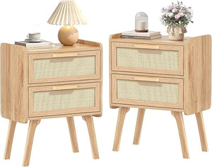 Boho Rattan Nightstand with 2 Drawers & Solid Wood Legs