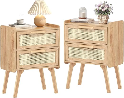 Boho Rattan Nightstand with 2 Drawers & Solid Wood Legs