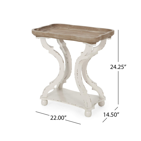 French Country Accent End Table – Hourglass Base, Distressed White & Natural
