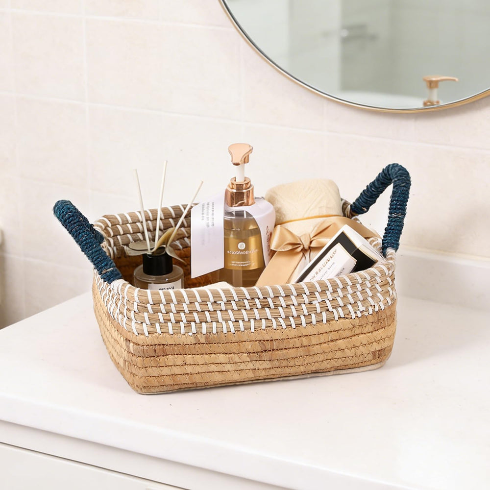 Seagrass Storage Basket Set of 4 – 2 Round & 2 Square Woven Bins with Handles