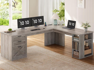 L-Shaped Desk with Drawers, Storage Shelves & Power Outlets