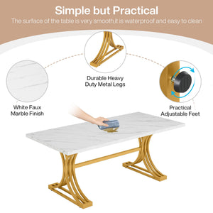 63-Inch Rectangular Dining Table with Faux Marble Top & Metal Legs