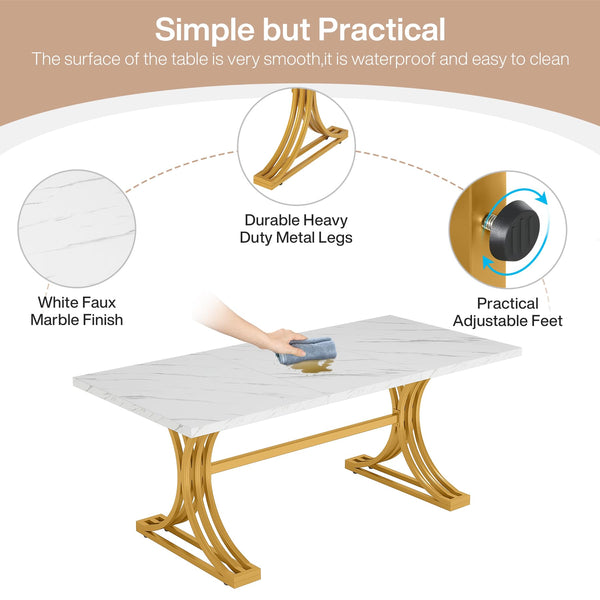 63-Inch Rectangular Dining Table with Faux Marble Top & Metal Legs