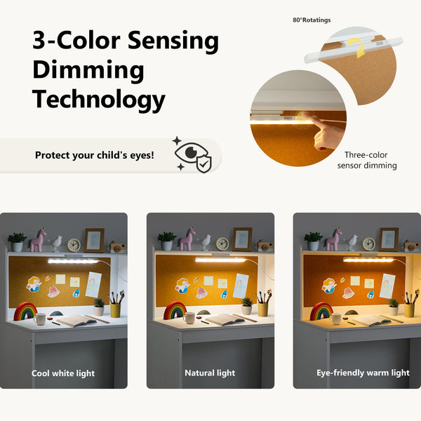 Kids Study Desk and Chair Set with Hutch, Storage Cabinet & Night Light