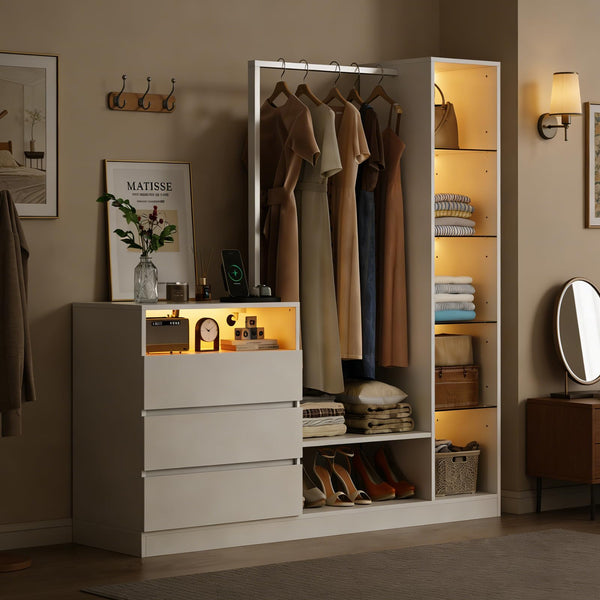 LED Wardrobe with Hanging Rod, Drawers & Charging Station