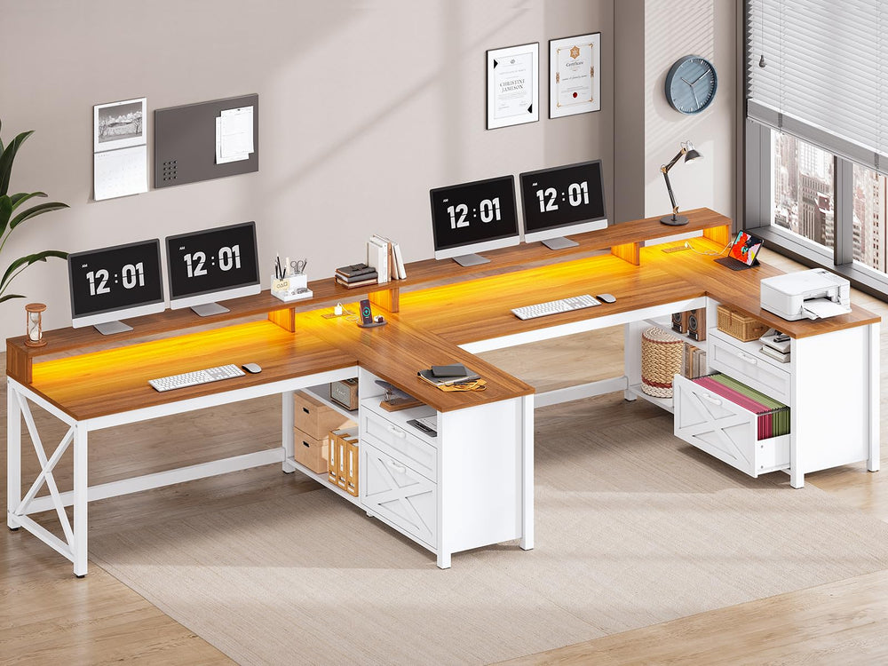 L-Shaped Desk with Drawers, LED Lights & Power Outlet