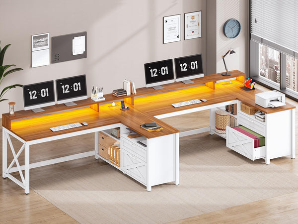 L-Shaped Desk with Drawers, LED Lights & Power Outlet