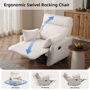 Corduroy Swivel Recliner Chair with Glider & 2 Pillows