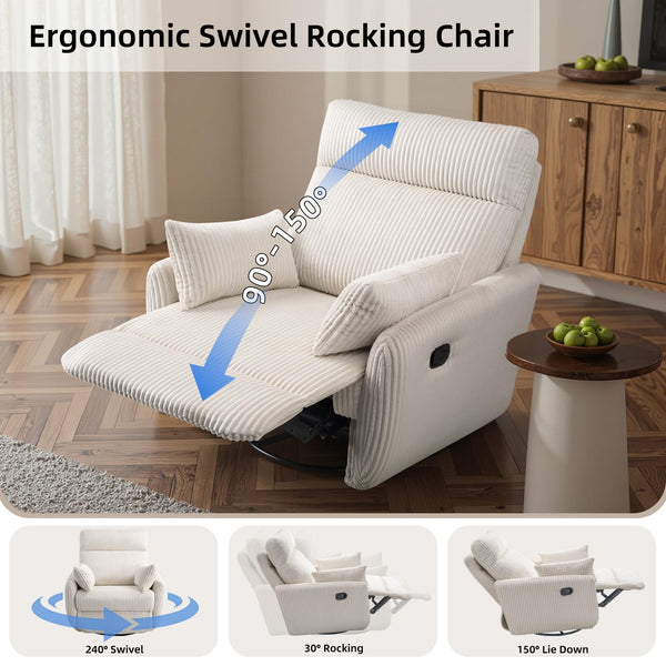 Corduroy Swivel Recliner Chair with Glider & 2 Pillows