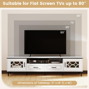 Tangkula Farmhouse TV Stand for TVs up to 80”, 71” Entertainment Center with 2 Drawers, 2 Cabinets & Compartment, with 7 Raised Metal Legs, Wood Media TV Console Table for Living Room (Antique White)
