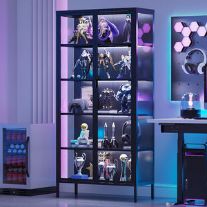 Glass Display Cabinet with LED Sensor Light, 5-Tier Curio Cabinet with Adjustable Shelves