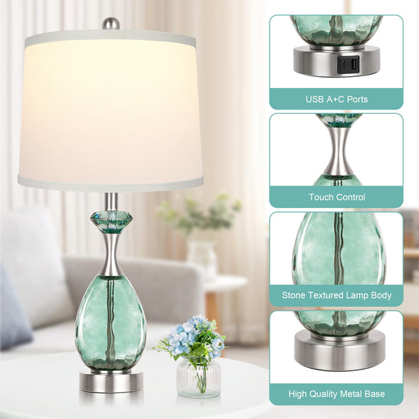 Coastal Glass Table Lamps Set of 2 – Dimmable Touch Control with USB Ports