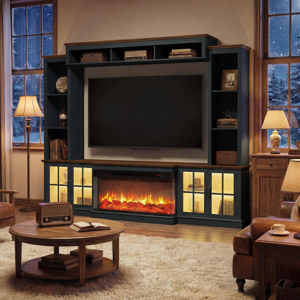 98" Farmhouse Entertainment Center with Fireplace & Barn Doors