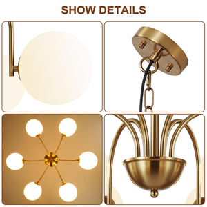 6-Light Brushed Gold Globe Chandelier with Milk Glass Shades