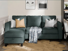 L-Shaped Sectional Sofa with Storage Ottoman | 3-Seat Linen Couch