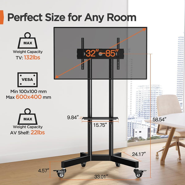 Rolling TV Stand with Wheels & Lockable Casters