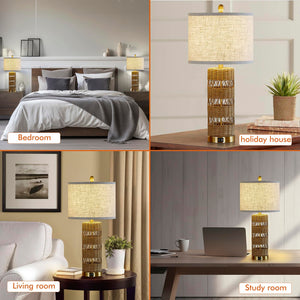 Rattan Table Lamp Set of 2 with USB Charging Ports – 28" Rustic Bedside Lamp