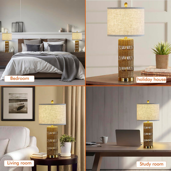 Rattan Table Lamp Set of 2 with USB Charging Ports – 28" Rustic Bedside Lamp
