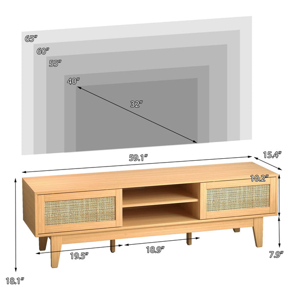 Rattan TV Stand with Sliding Doors & Open Shelves