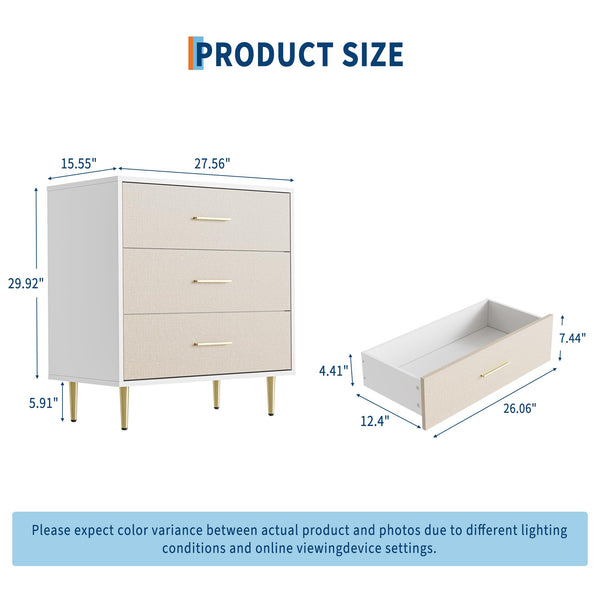 7-Drawer White Dresser with Linen-Textured Fronts & Gold Accents