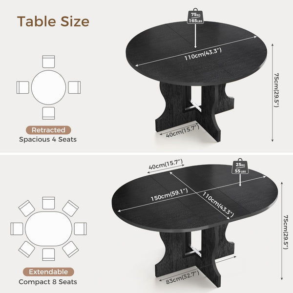Extendable Round Dining Table for 4–8 | 43.3" to 59" Oval Kitchen Table