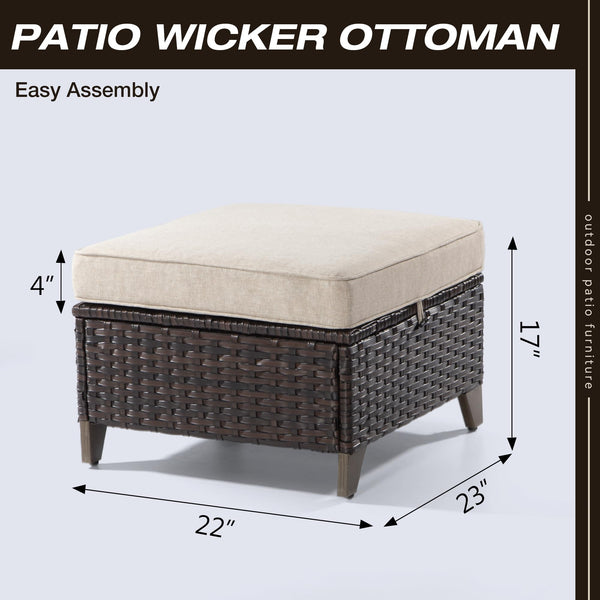 Patio Ottoman Set of 2 – All Weather Outdoor Rattan Footstools with Removable Cushions