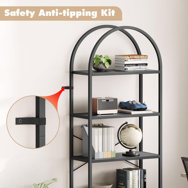 5-Tier Arched Metal Bookshelf, 71" Industrial Freestanding Display Rack