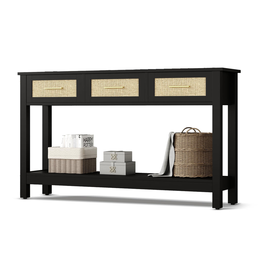 Rattan Console Table with 3 Drawers – Narrow Entryway Sofa Table with Storage